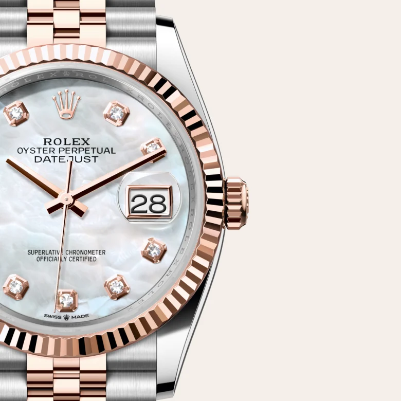 Cận cảnh đồng hồ Rolex Datejust 36 chế tác từ thép Oystersteel và vàng Everose.
