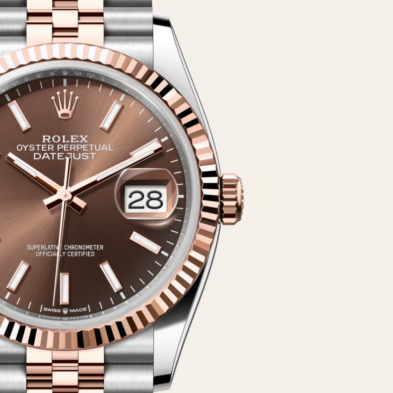 A close-up view of the Rolex Datejust 36 in Oystersteel and Everose gold.