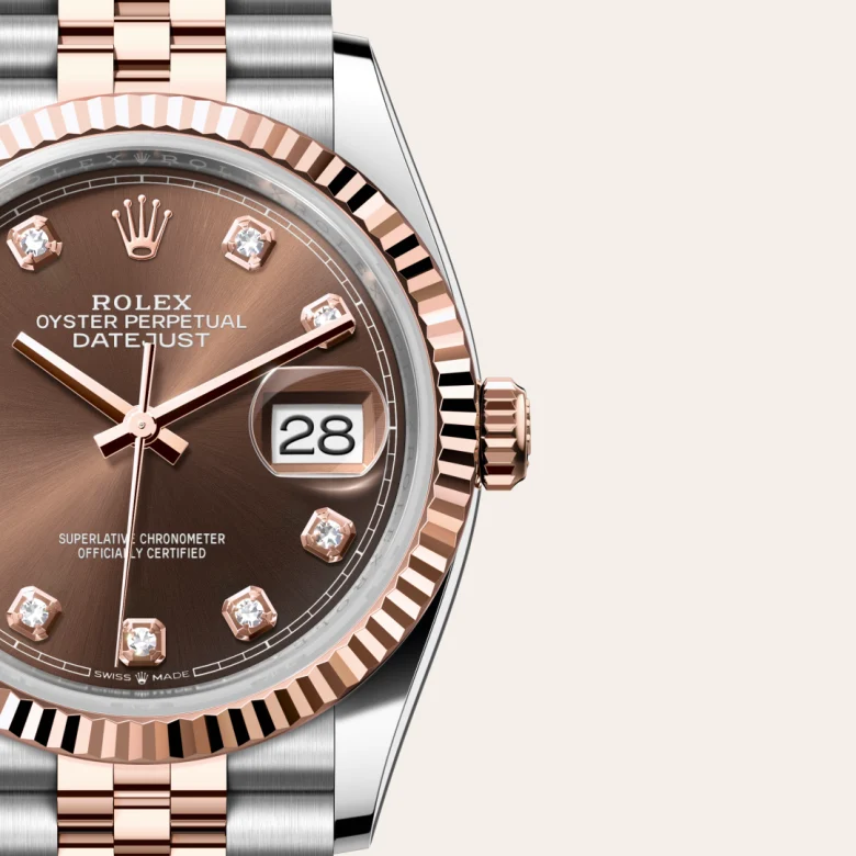 Cận cảnh đồng hồ Rolex Datejust 36 chế tác từ thép Oystersteel và vàng Everose.