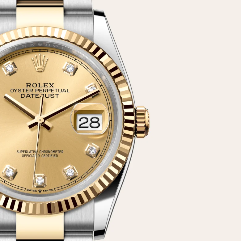 Cận cảnh đồng hồ Rolex Datejust 36 chế tác từ thép Oystersteel và vàng kim.
