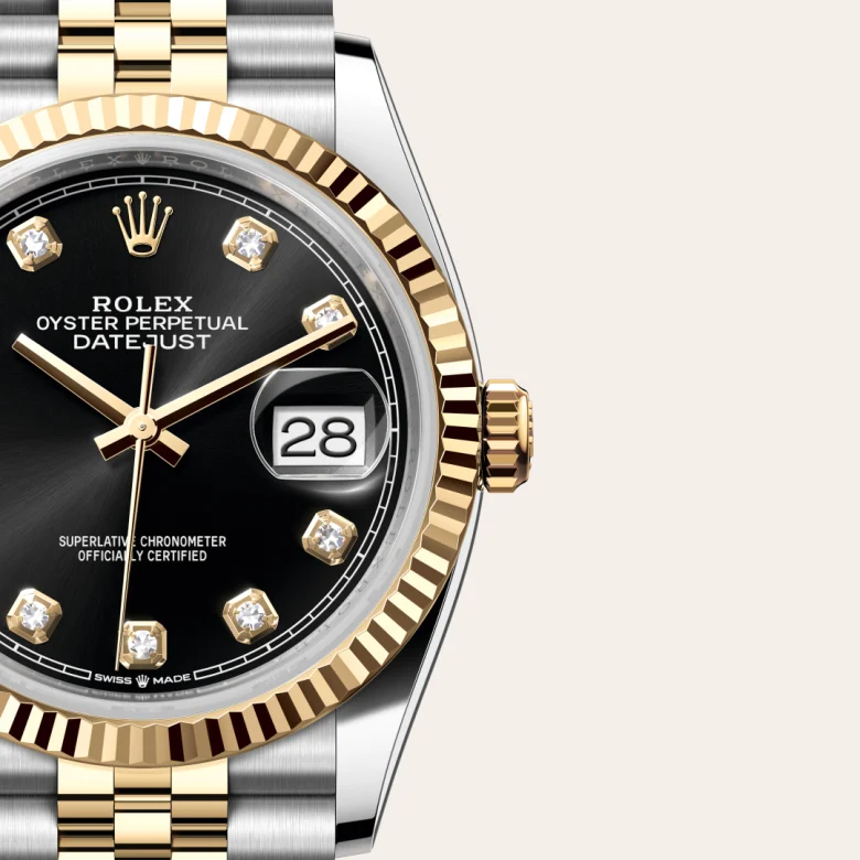 Cận cảnh đồng hồ Rolex Datejust 36 chế tác từ thép Oystersteel và vàng kim.