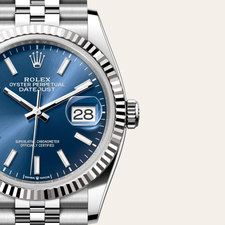 A close-up view of the Rolex Datejust 36 in Oystersteel and white gold.