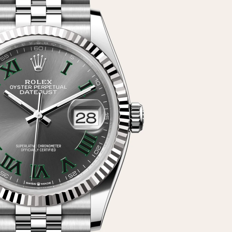Cận cảnh đồng hồ Rolex Datejust 36 chế tác từ thép Oystersteel và vàng trắng.