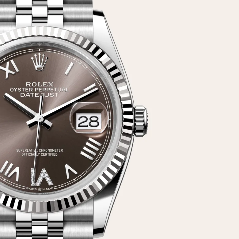 A close-up view of the Rolex Datejust 36 in Oystersteel and white gold.