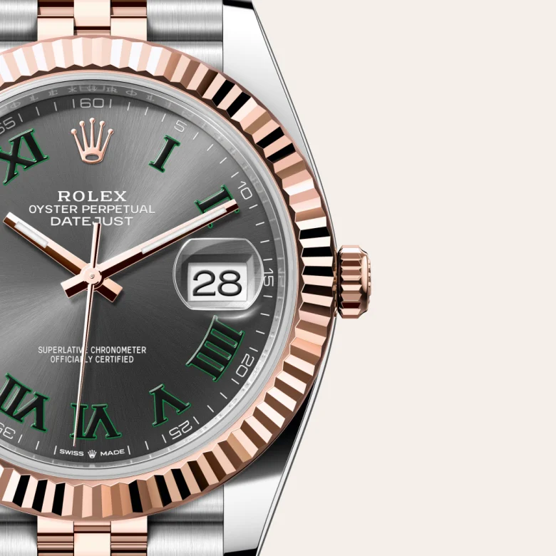 Cận cảnh đồng hồ Rolex Datejust 41 chế tác từ thép Oystersteel và vàng Everose.