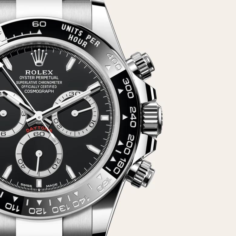 A close-up view of the Rolex Cosmograph Daytona in Oystersteel.