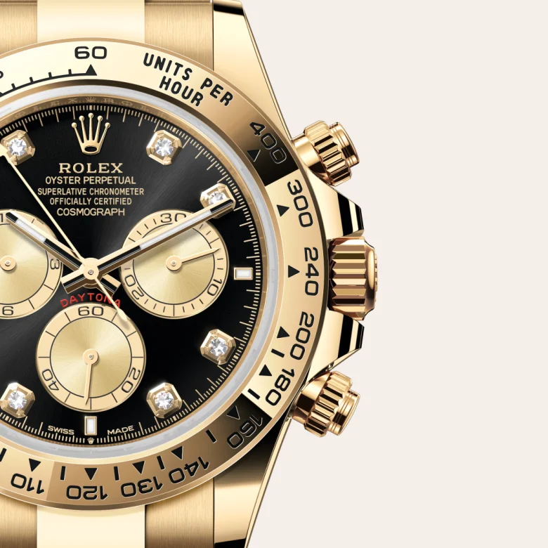 A close-up view of the Rolex Cosmograph Daytona in yellow gold.