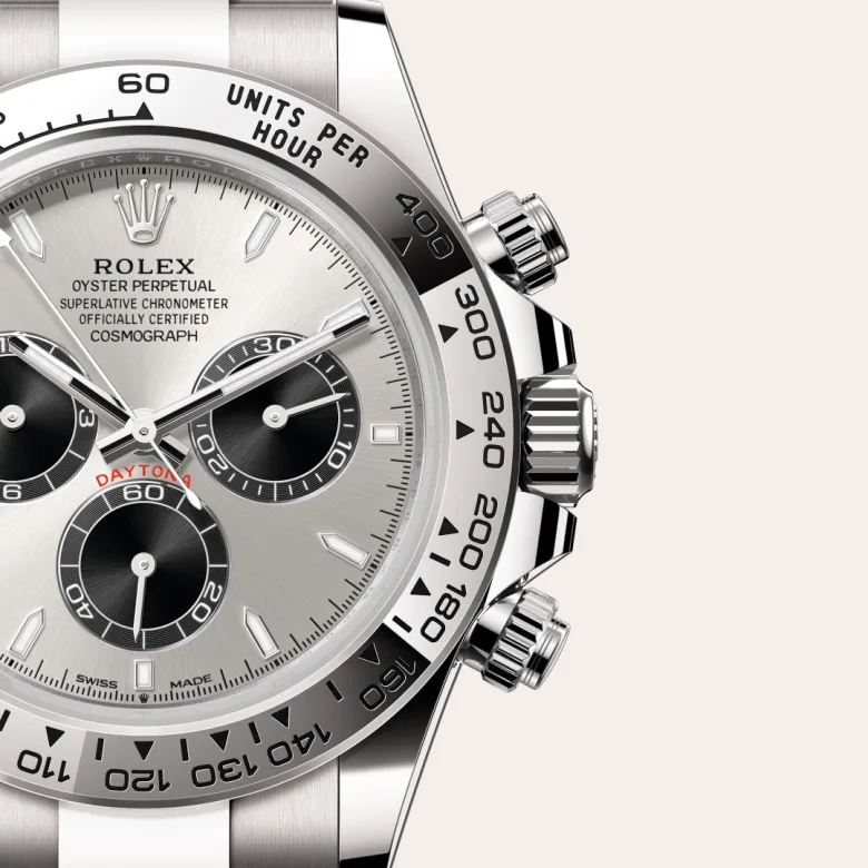A close-up view of the Rolex Cosmograph Daytona in white gold.