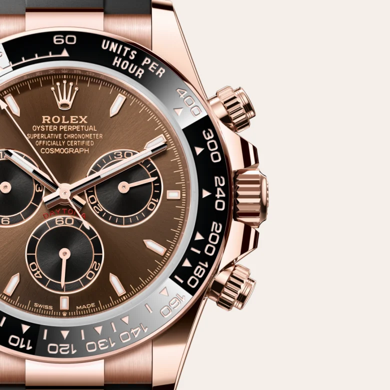 A close-up view of the Rolex Cosmograph Daytona in Everose gold.