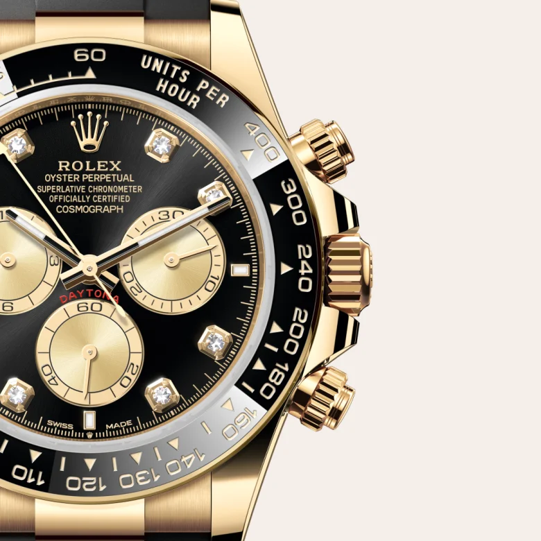 A close-up view of the Rolex Cosmograph Daytona in yellow gold.
