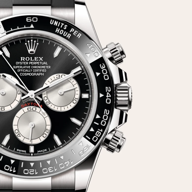 A close-up view of the Rolex Cosmograph Daytona in white gold.