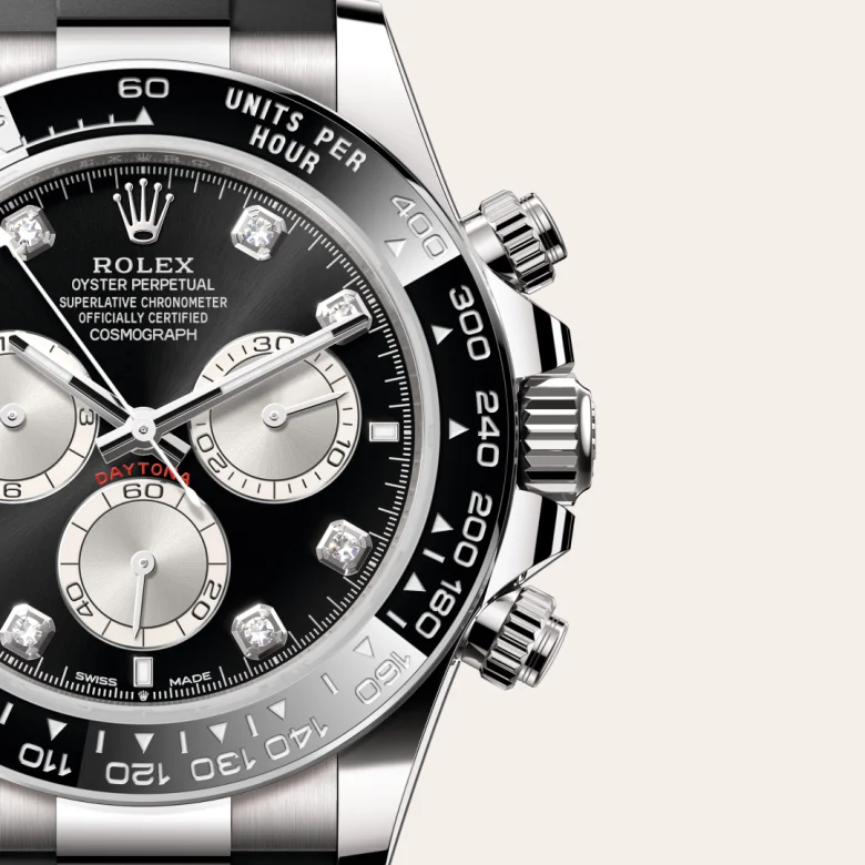A close-up view of the Rolex Cosmograph Daytona in white gold.