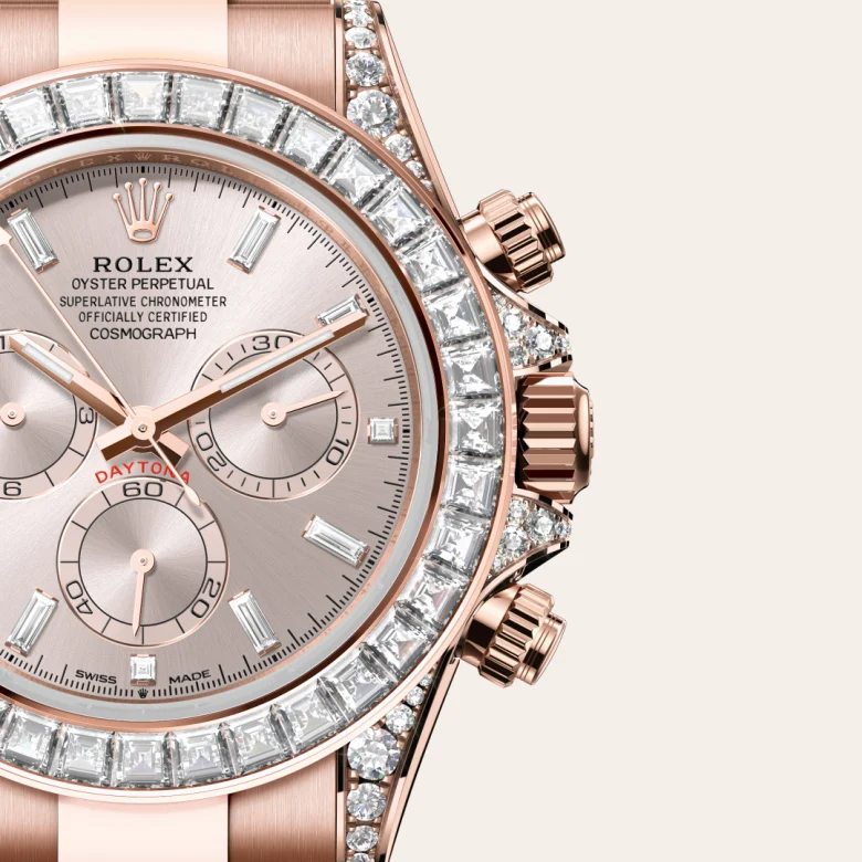 A close-up view of the Rolex Cosmograph Daytona in Everose gold and diamonds.