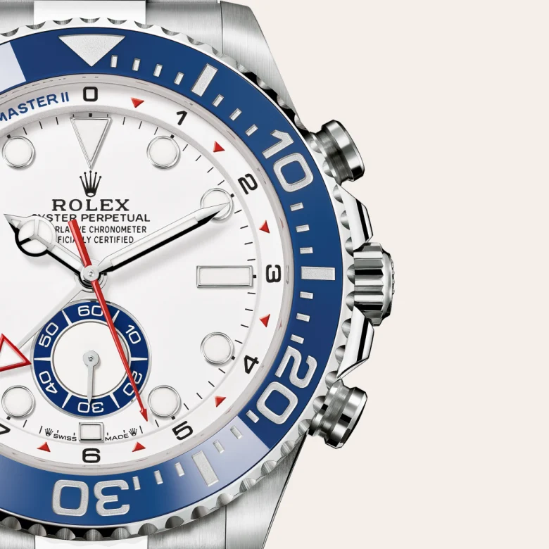 A close-up view of the Rolex Yacht-Master II in Oystersteel.