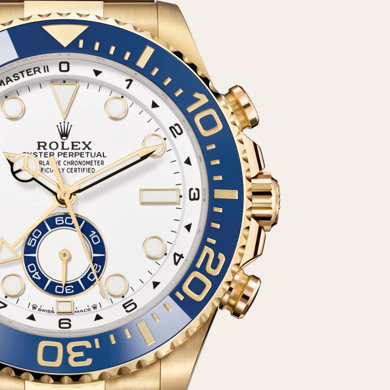 A close-up view of the Rolex Yacht-Master II in yellow gold.