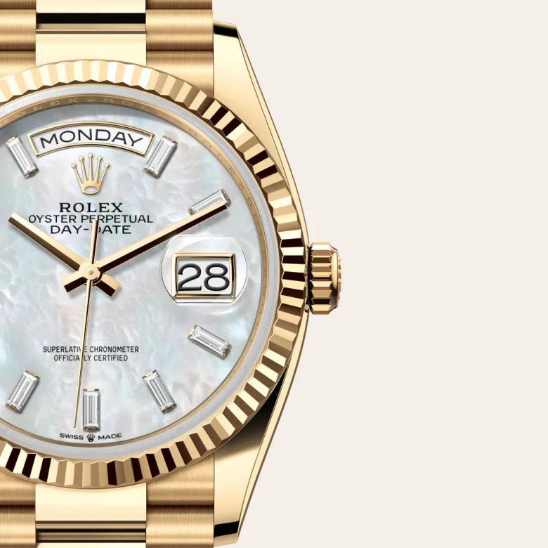A close-up view of the Rolex Day-Date 36 in yellow gold.
