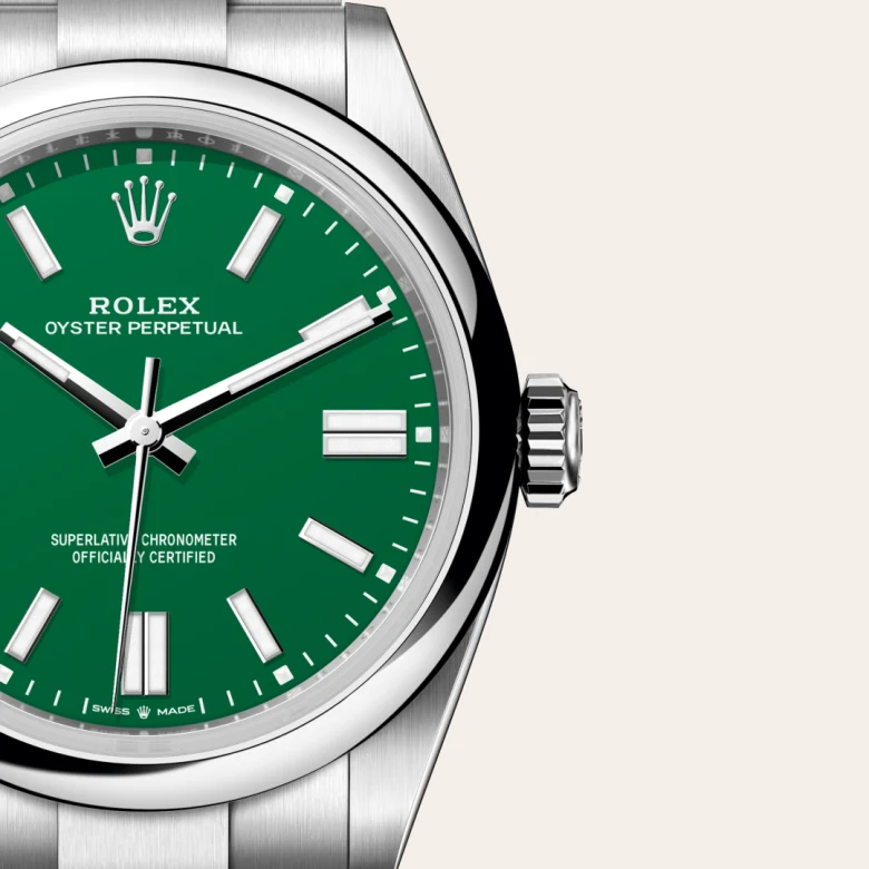 A close-up view of the Rolex Oyster Perpetual 41 in Oystersteel.