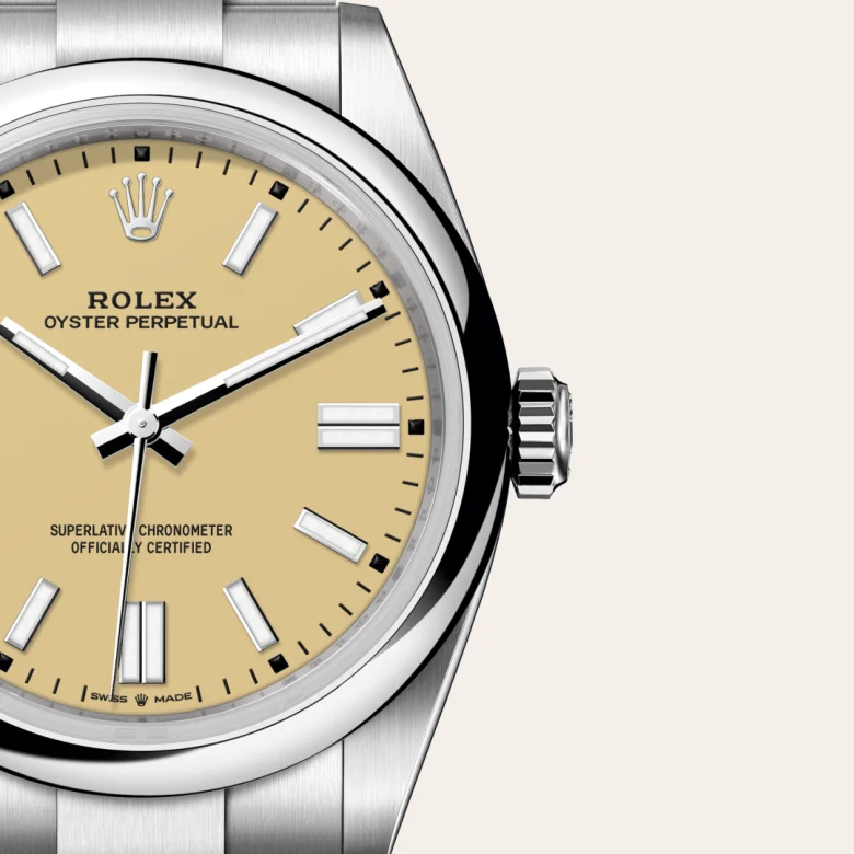 A close-up view of the Rolex Oyster Perpetual 41 in Oystersteel.