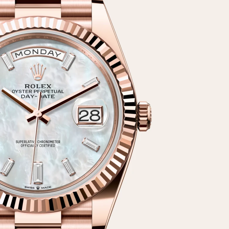 A close-up view of the Rolex Day-Date 40 in Everose gold.
