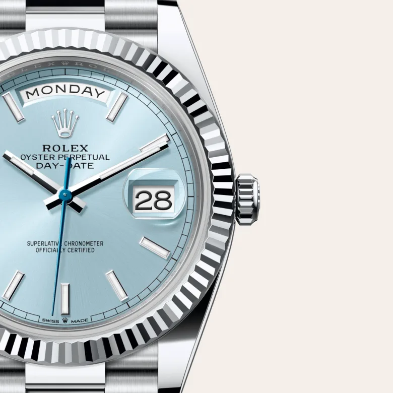 A close-up view of the Rolex Day-Date 40 in platinum.