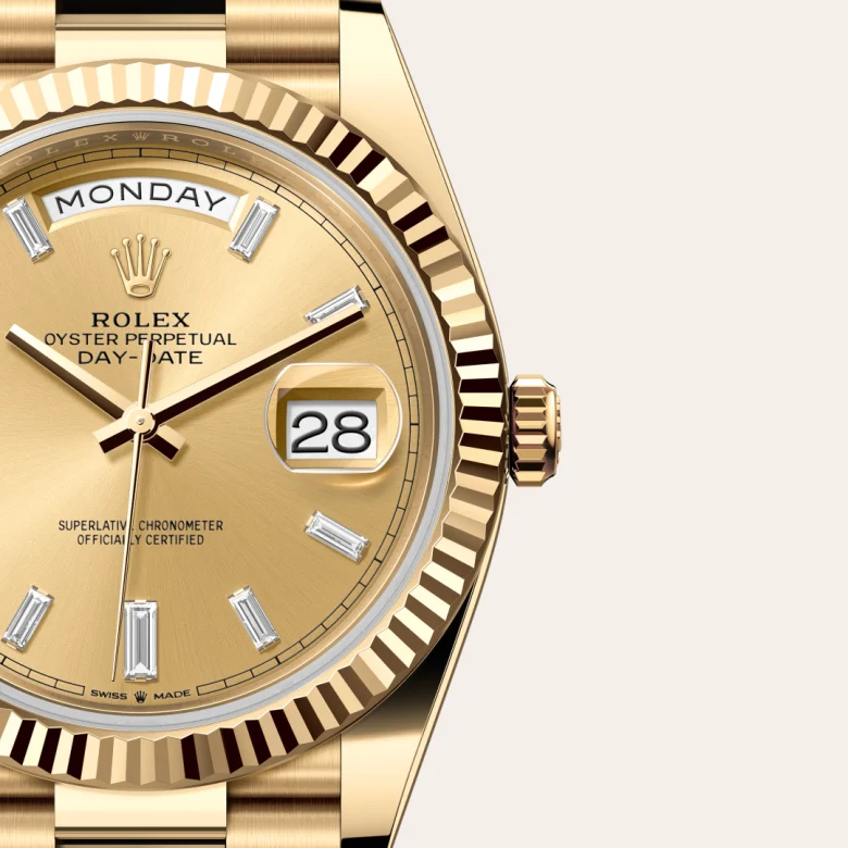 A close-up view of the Rolex Day-Date 40 in yellow gold.