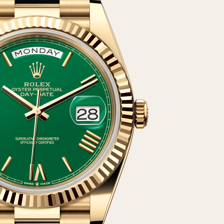 A close-up view of the Rolex Day-Date 40 in yellow gold.
