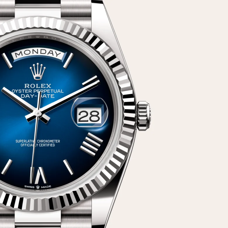 A close-up view of the Rolex Day-Date 40 in white gold.