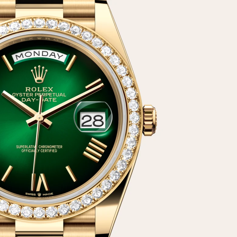 A close-up view of the Rolex Day-Date 40 in yellow gold and diamonds.