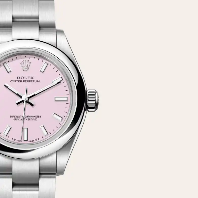 A close-up view of the Rolex Oyster Perpetual 28 in Oystersteel.