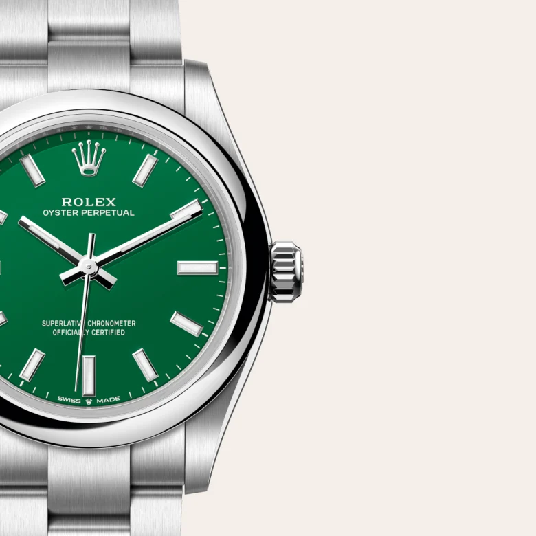 A close-up view of the Rolex Oyster Perpetual 31 in Oystersteel.