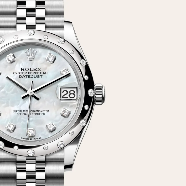 A close-up view of the Rolex Datejust 31 in Oystersteel, white gold and diamonds.