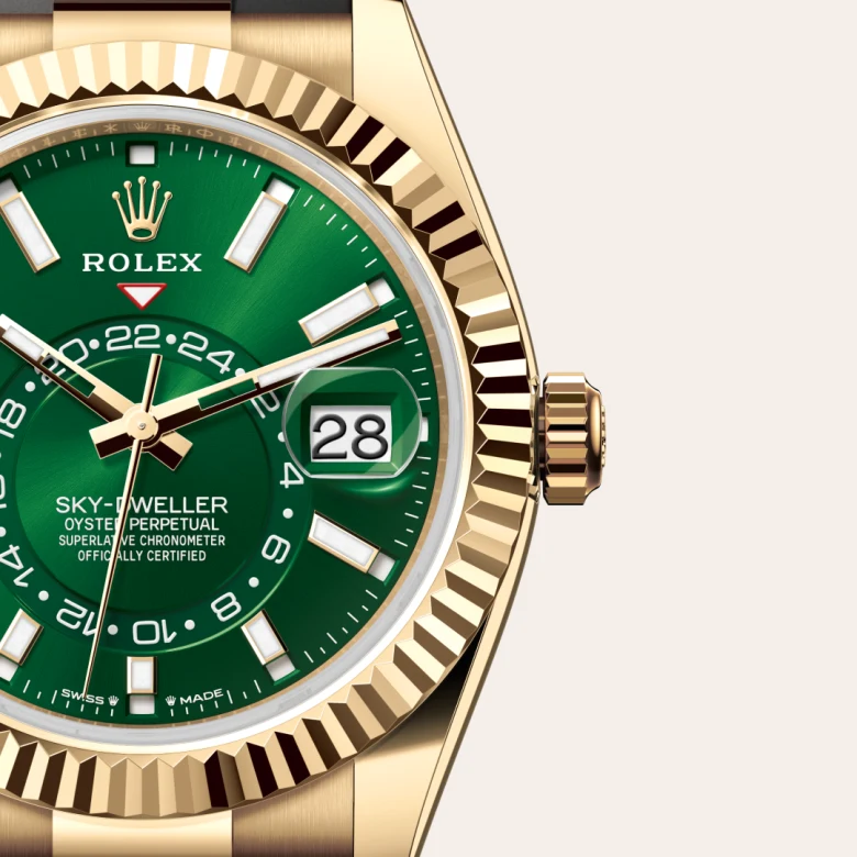 A close-up view of the Rolex Sky-Dweller in yellow gold.