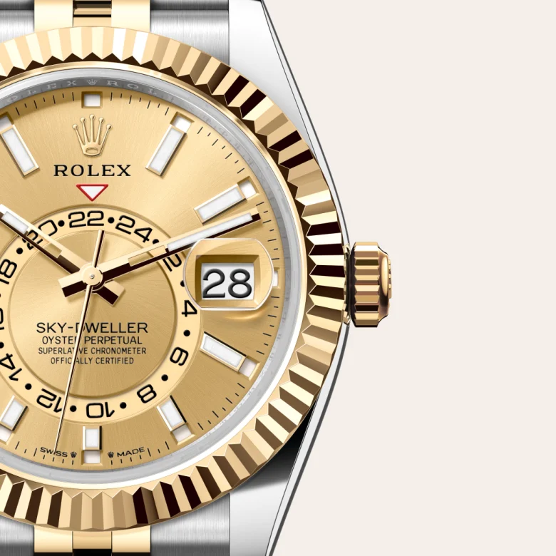 A close-up view of the Rolex Sky-Dweller in Oystersteel and yellow gold.