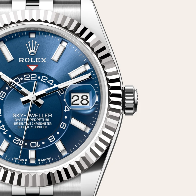 A close-up view of the Rolex Sky-Dweller in Oystersteel and white gold.