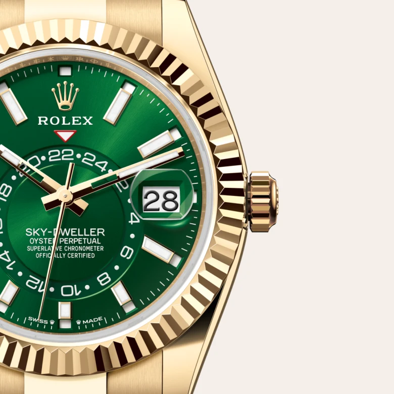 A close-up view of the Rolex Sky-Dweller in yellow gold.