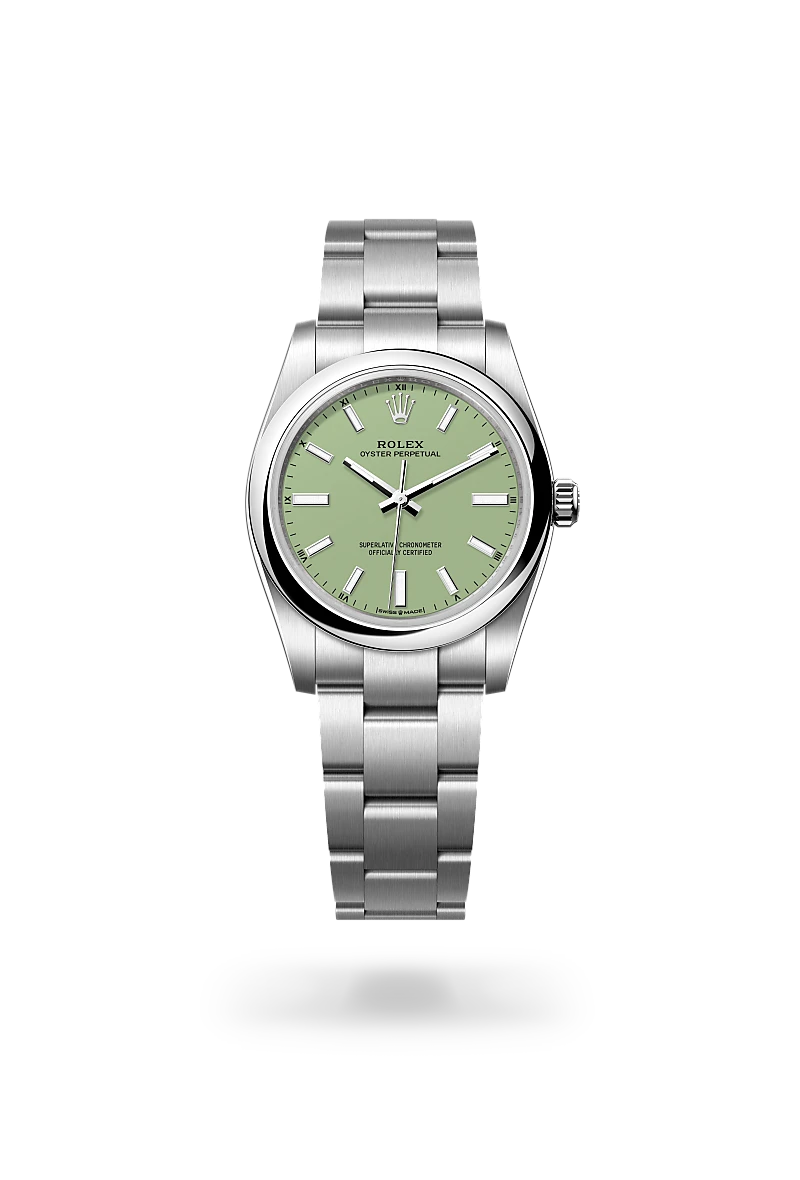 Rolex Oyster Perpetual 34 in Oystersteel with pistachio lacquer dial, domed bezel and Oyster bracelet