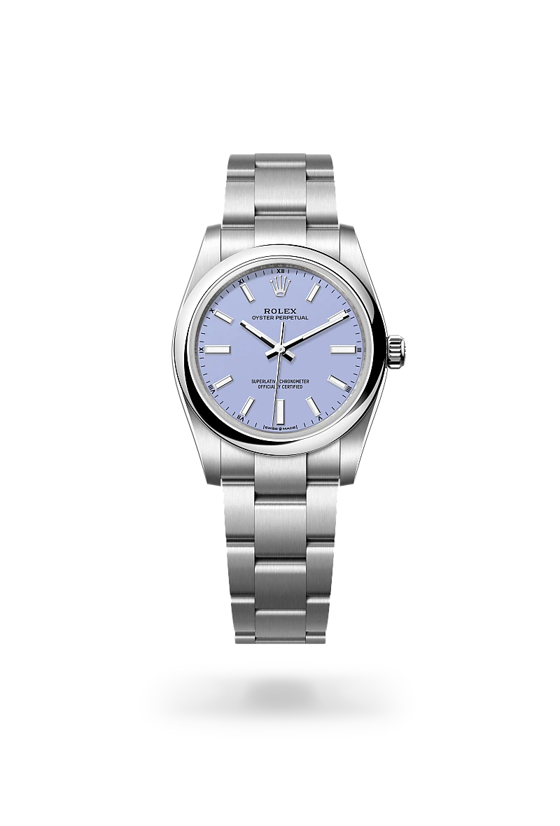 Rolex Oyster Perpetual 34 in Oystersteel with lavender lacquer dial, domed bezel and Oyster bracelet
