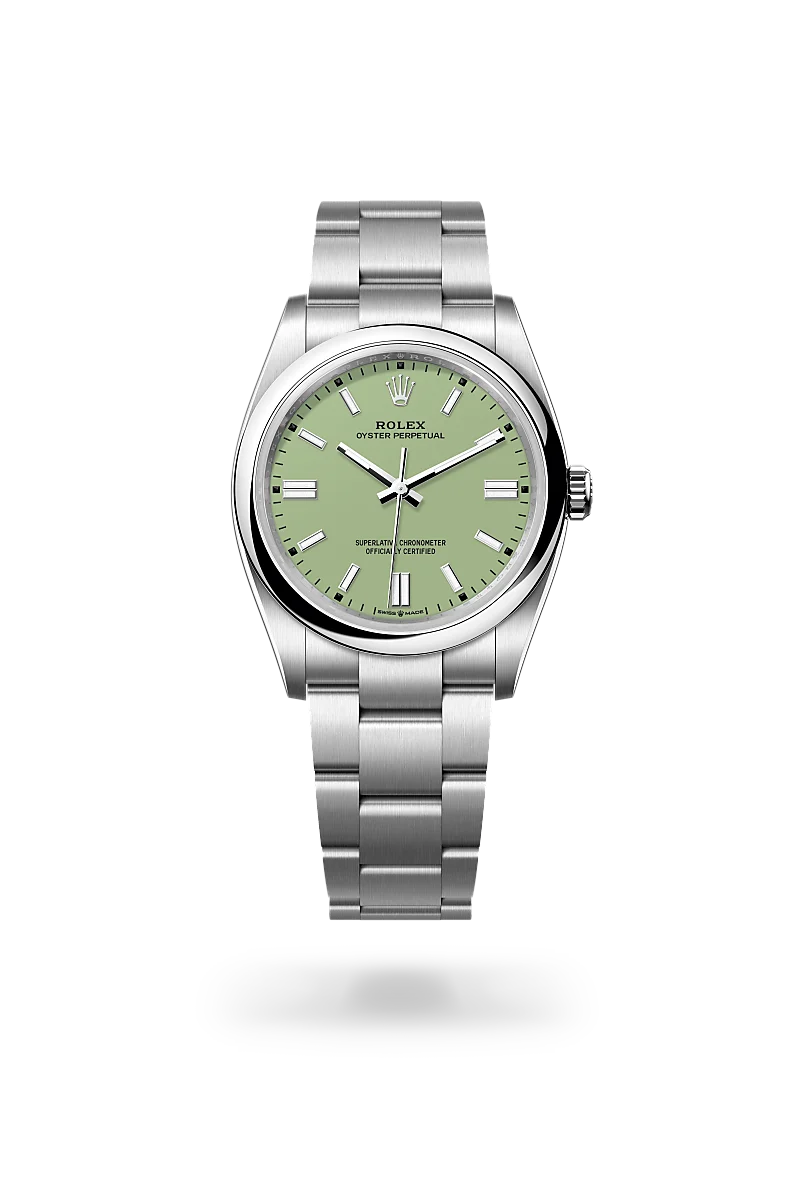 Rolex Oyster Perpetual 36 in Oystersteel with pistachio lacquer dial, domed bezel and Oyster bracelet