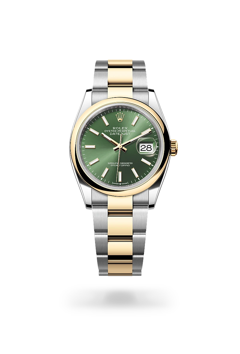 Rolex Datejust 36 in yellow Rolesor with olive green dial, index hour markers, smooth yellow gold bezel and Oyster bracelet
