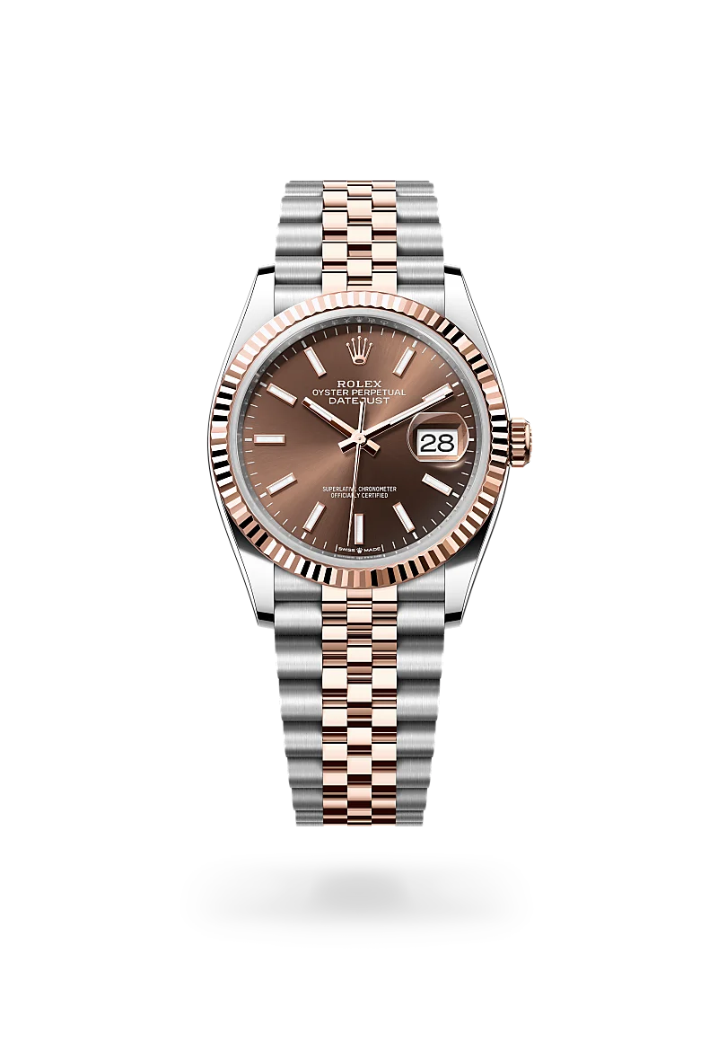 Rolex Datejust 36 in Everose Rolesor with chocolate sunray dial, fluted Everose gold bezel and Jubilee bracelet