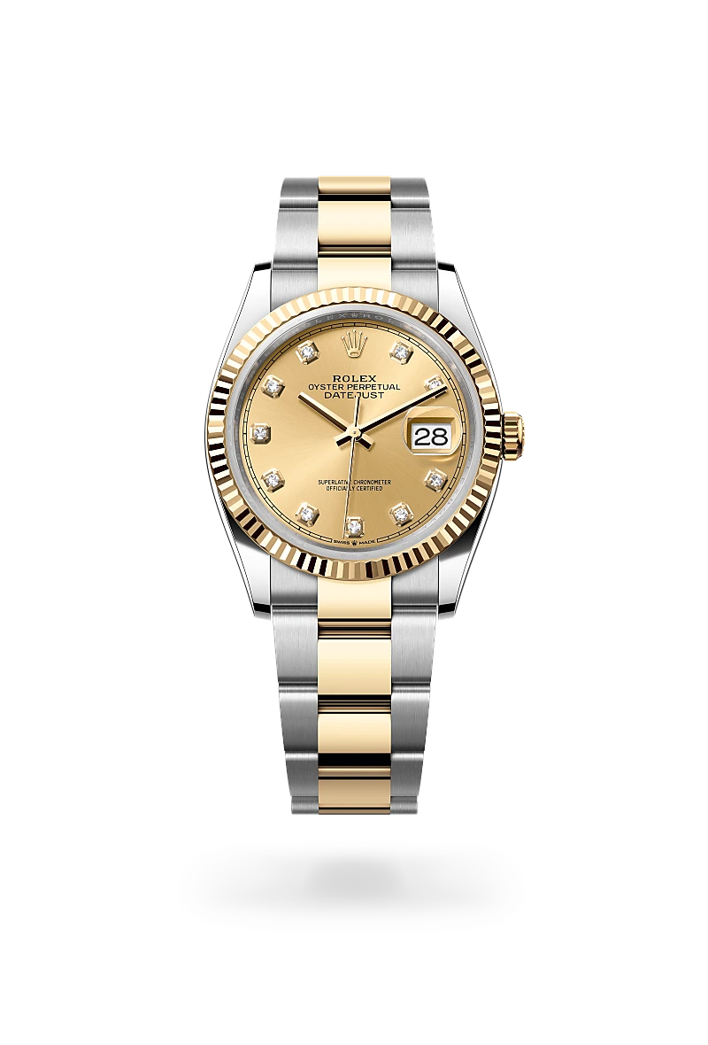 Rolex Datejust 36 từ vàng Rolesor với mặt số màu sâm panh, vành đồng hồ vàng kim khía cạnh, vạch giờ kim cương và dây đeo Oyster