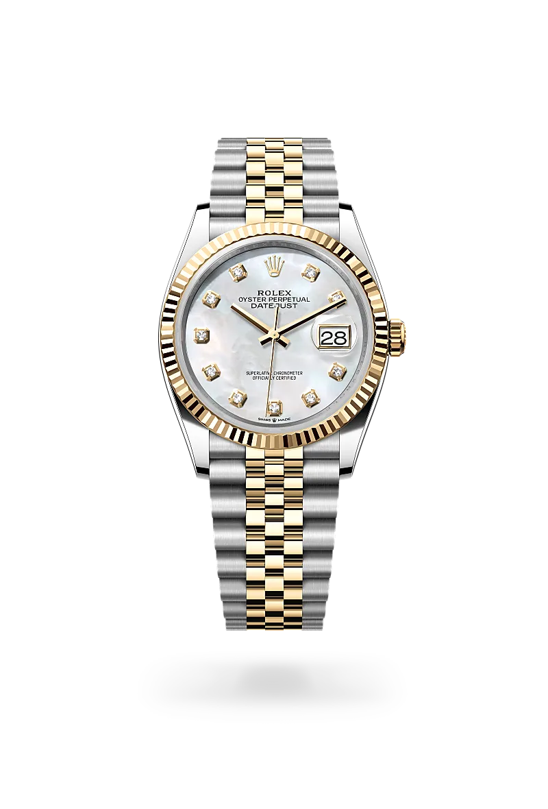 Rolex Datejust 36 từ vàng Rolesor với mặt số xà cừ màu trắng, vành đồng hồ bằng vàng kim khía cạnh, vạch giờ kim cương và dây đeo Jubilee