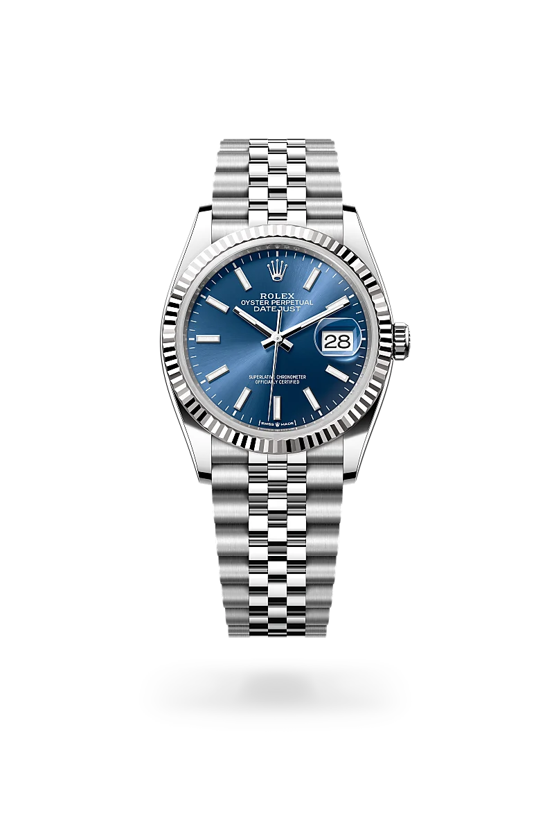 Rolex Datejust 36 in white Rolesor with bright blue sunray dial, fluted white gold bezel and Jubilee bracelet