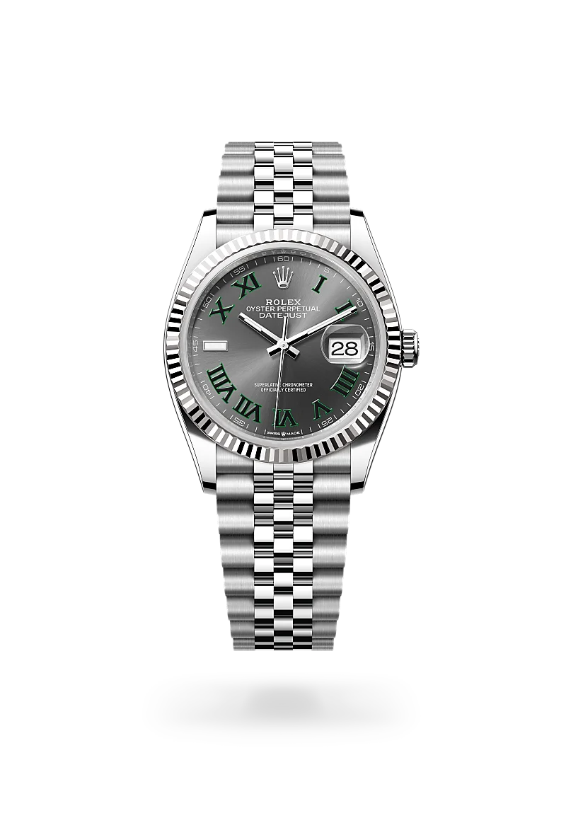Rolex Datejust 36 từ vàng trắng Rolesor với mặt số chải tia bằng đá phiến, vành đồng hồ bằng vàng trắng khía cạnh và dây đeo Jubilee