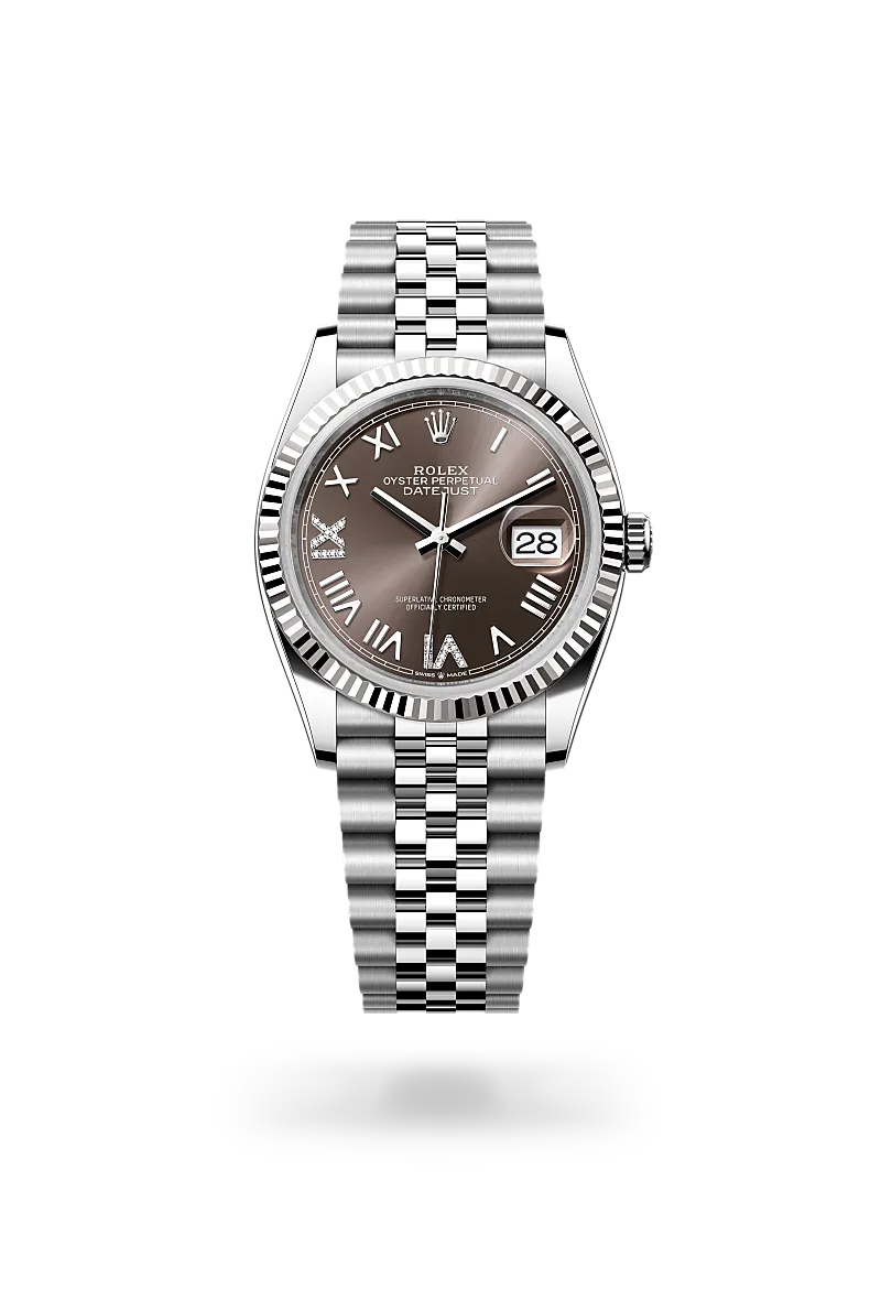 Rolex Datejust 36 in white Rolesor with dark brown dial, Roman numeral markers, diamond-set VI, fluted white gold bezel and Jubilee bracelet