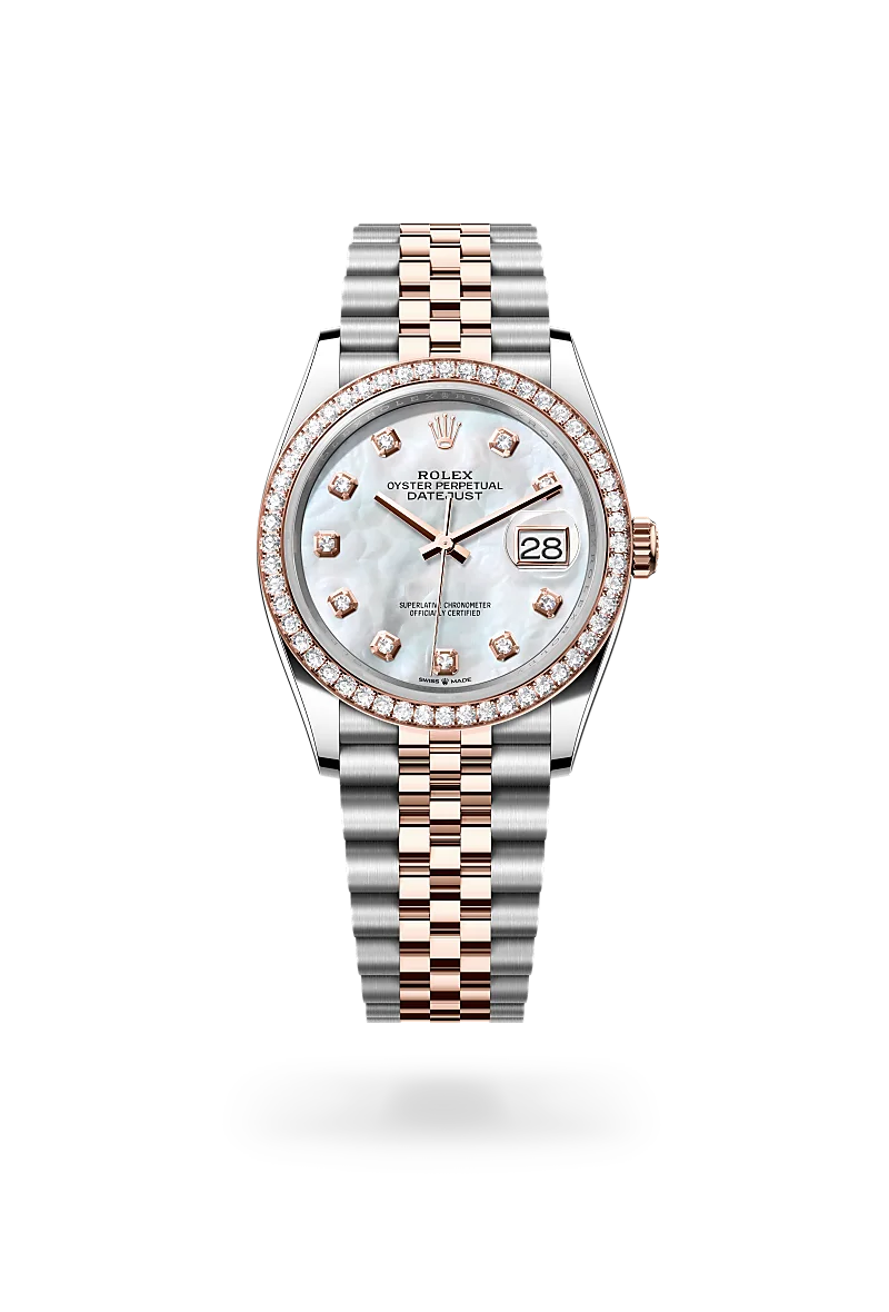 Rolex Datejust 36 in Everose Rolesor with white mother-of-pearl dial, diamond-set bezel, diamond hour markers and Jubilee bracelet