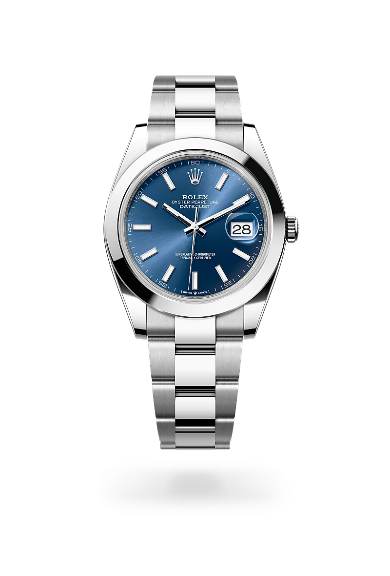 Rolex Datejust 41 in Oystersteel with bright blue sunray dial, smooth bezel and Oyster bracelet