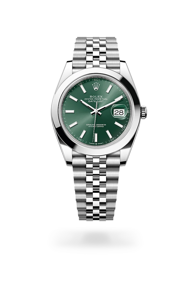 Rolex Datejust 41 in Oystersteel with mint green sunray dial, smooth bezel and Jubilee bracelet