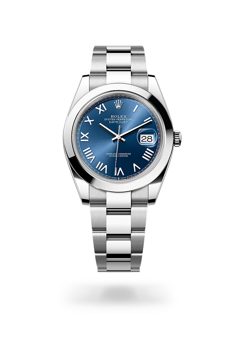 Rolex Datejust 41 in Oystersteel with blue dial, Roman numeral hour markers, smooth bezel and Oyster bracelet