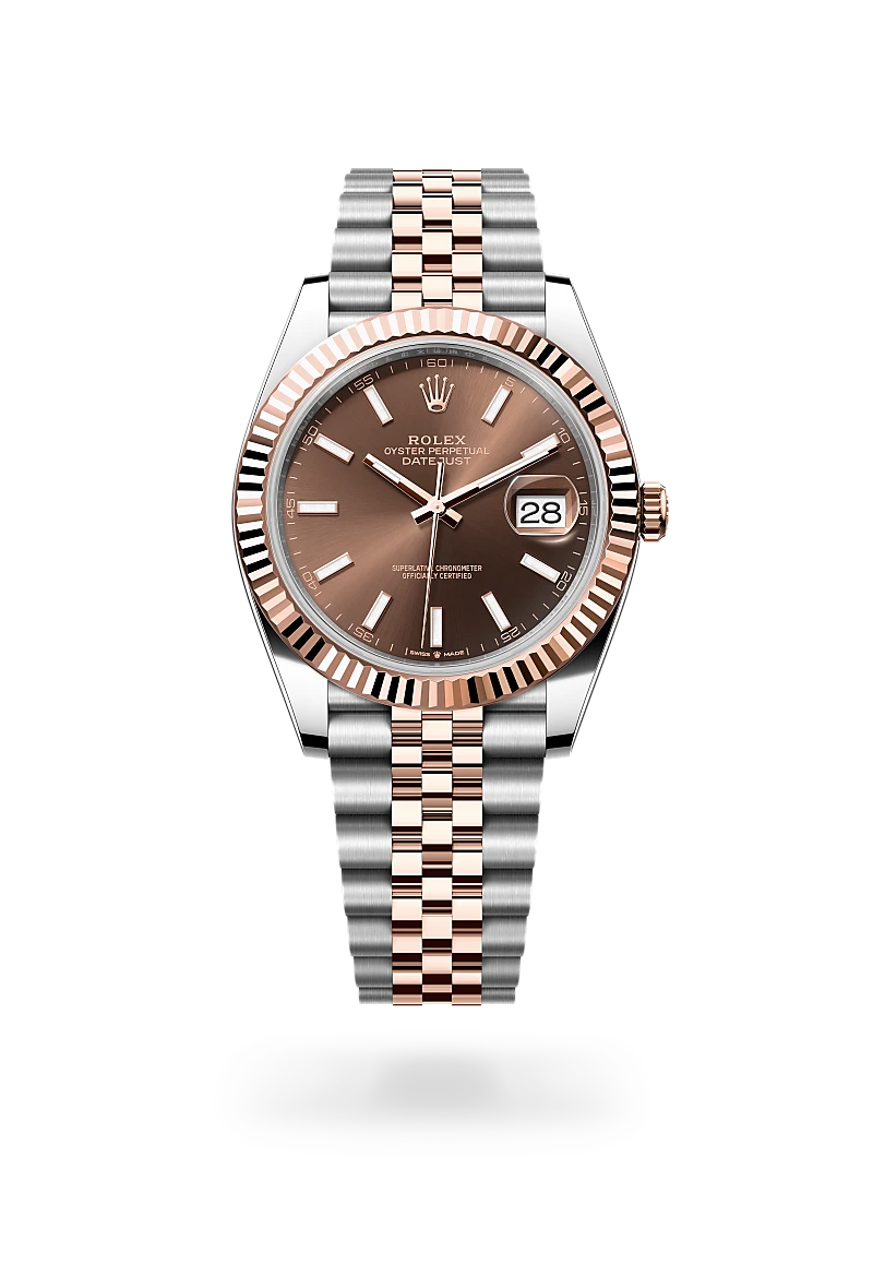 Rolex Datejust 41 in Everose Rolesor with chocolate sunray dial, fluted Everose gold bezel and Jubilee bracelet